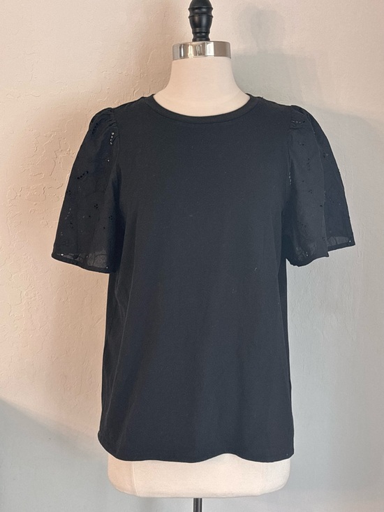 a new day Tops - a new day Short Sleeve Cotton Crewneck Tee Eyelet Puff Flutter Sleeve, Black, M
